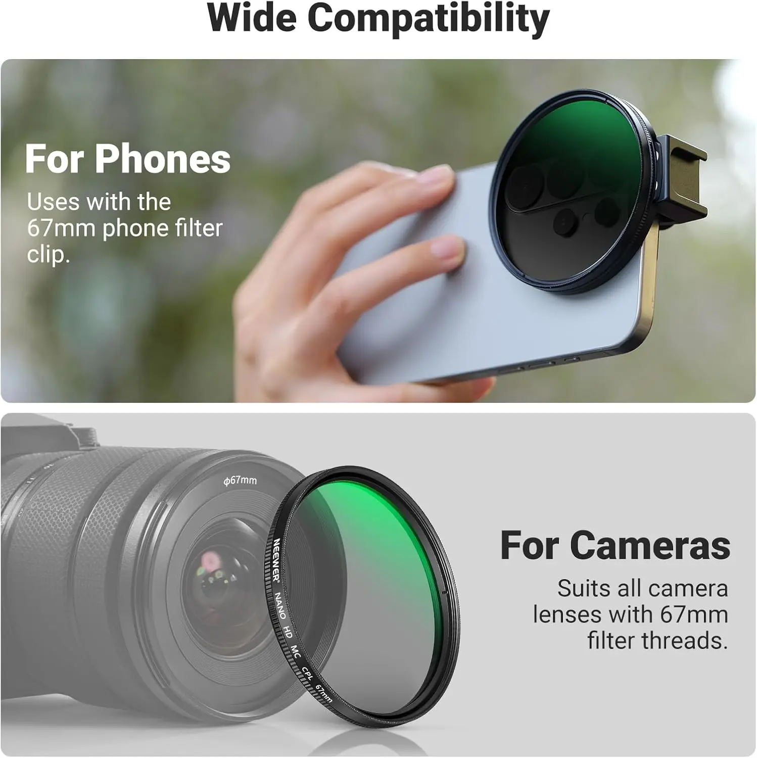 NEEWER 67mm Phone CPL Filter with Cold Shoe Clip, HD Circular Polarizer Lens Filter Accessories , For Android Samsung iPhone thumbnail 6