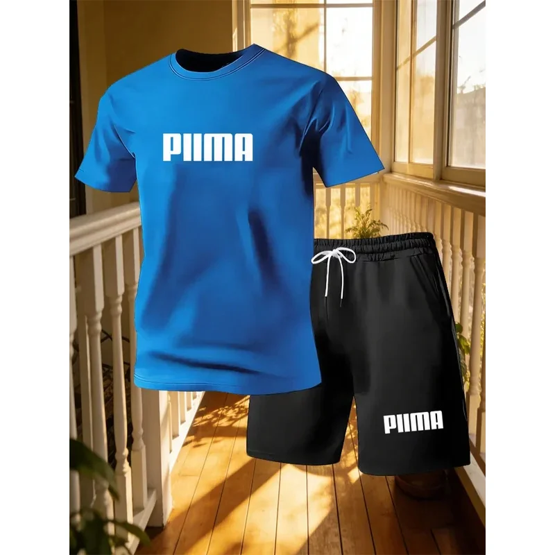 New Men's Short Sleeved T-shirt+shorts Sports Suit Personalized Design Letter Print Summer Casual Loose Home 2-piece Set thumbnail 2