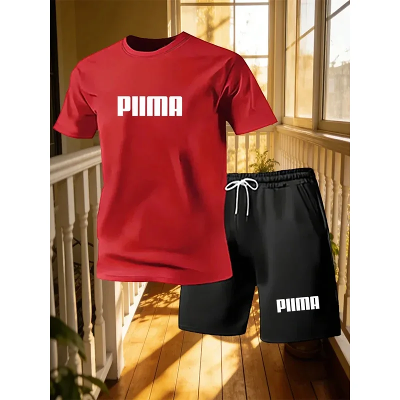 New Men's Short Sleeved T-shirt+shorts Sports Suit Personalized Design Letter Print Summer Casual Loose Home 2-piece Set thumbnail 3