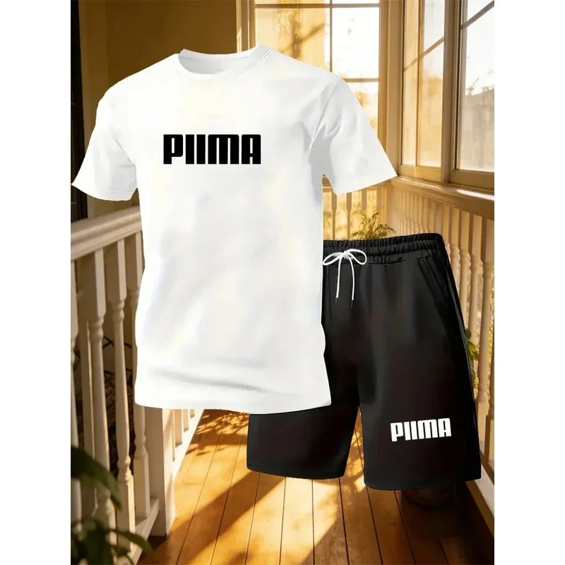 New Men's Short Sleeved T-shirt+shorts Sports Suit Personalized Design Letter Print Summer Casual Loose Home 2-piece Set thumbnail 4