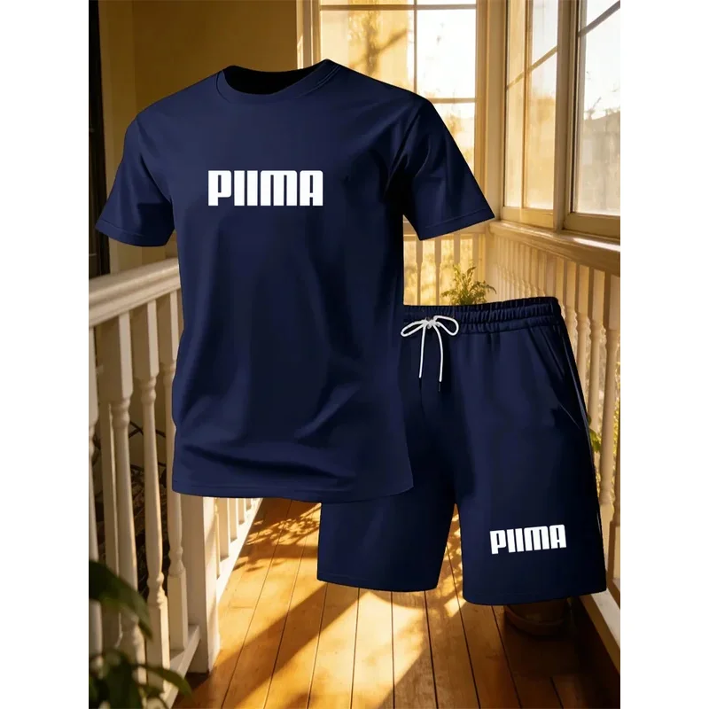 New Men's Short Sleeved T-shirt+shorts Sports Suit Personalized Design Letter Print Summer Casual Loose Home 2-piece Set thumbnail 6
