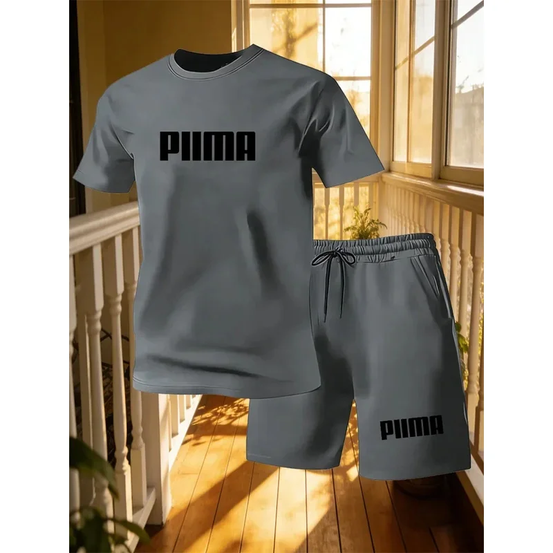 New Men's Short Sleeved T-shirt+shorts Sports Suit Personalized Design Letter Print Summer Casual Loose Home 2-piece Set thumbnail 5