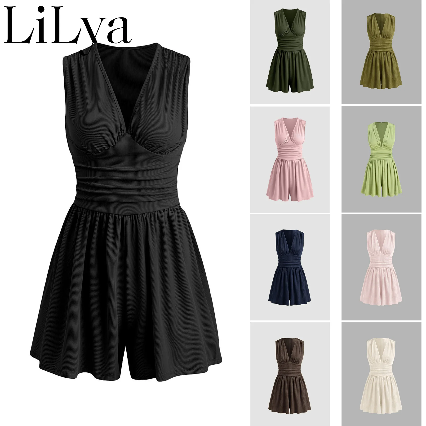 Fashion Casual Popular V Neck Waist Cinched Design Pleated Women Rompers Elegant Commuter Shorts Sleeveless daily Women Rompers thumbnail 5