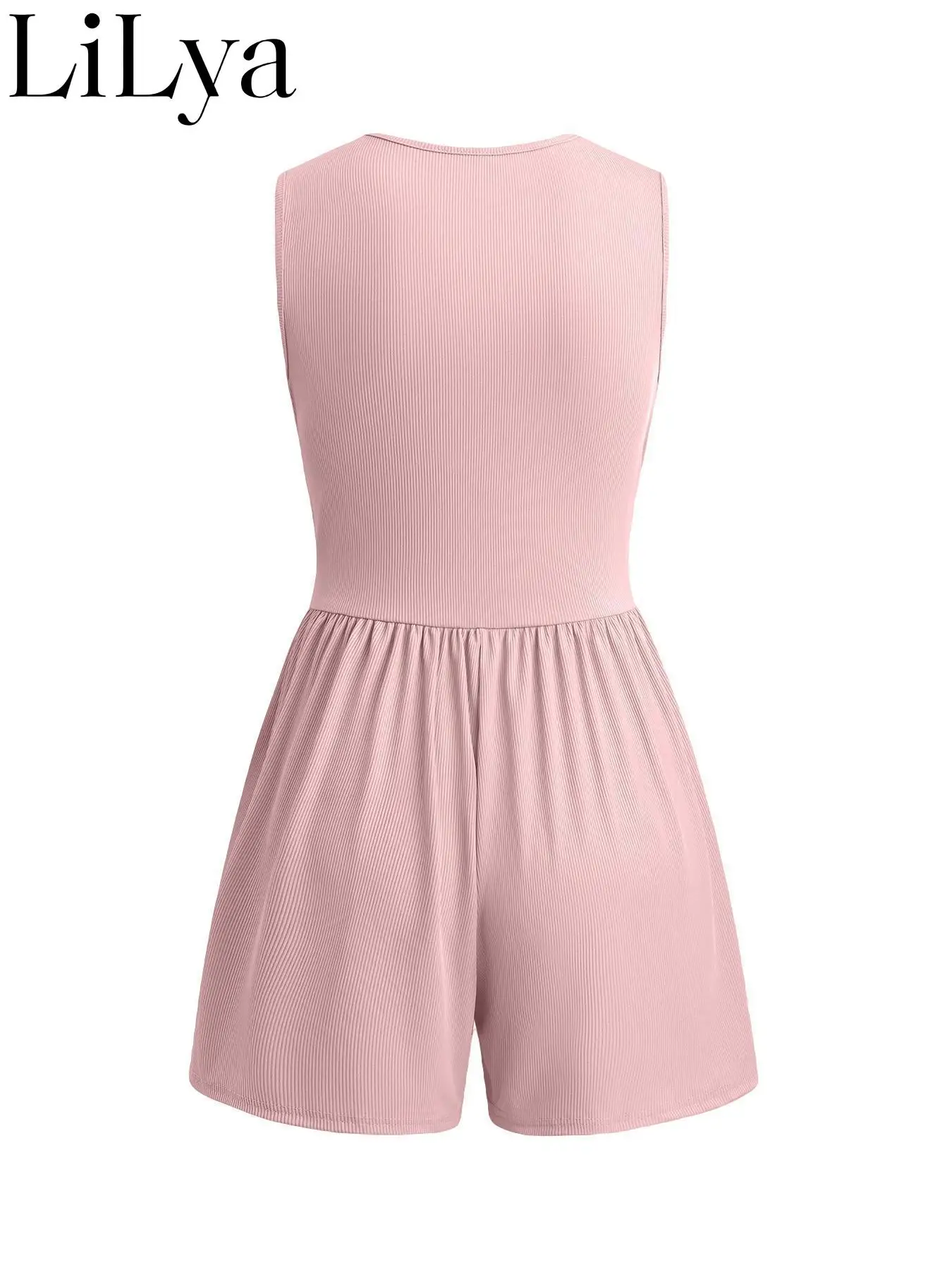 Fashion Casual Popular V Neck Waist Cinched Design Pleated Women Rompers Elegant Commuter Shorts Sleeveless daily Women Rompers thumbnail 4