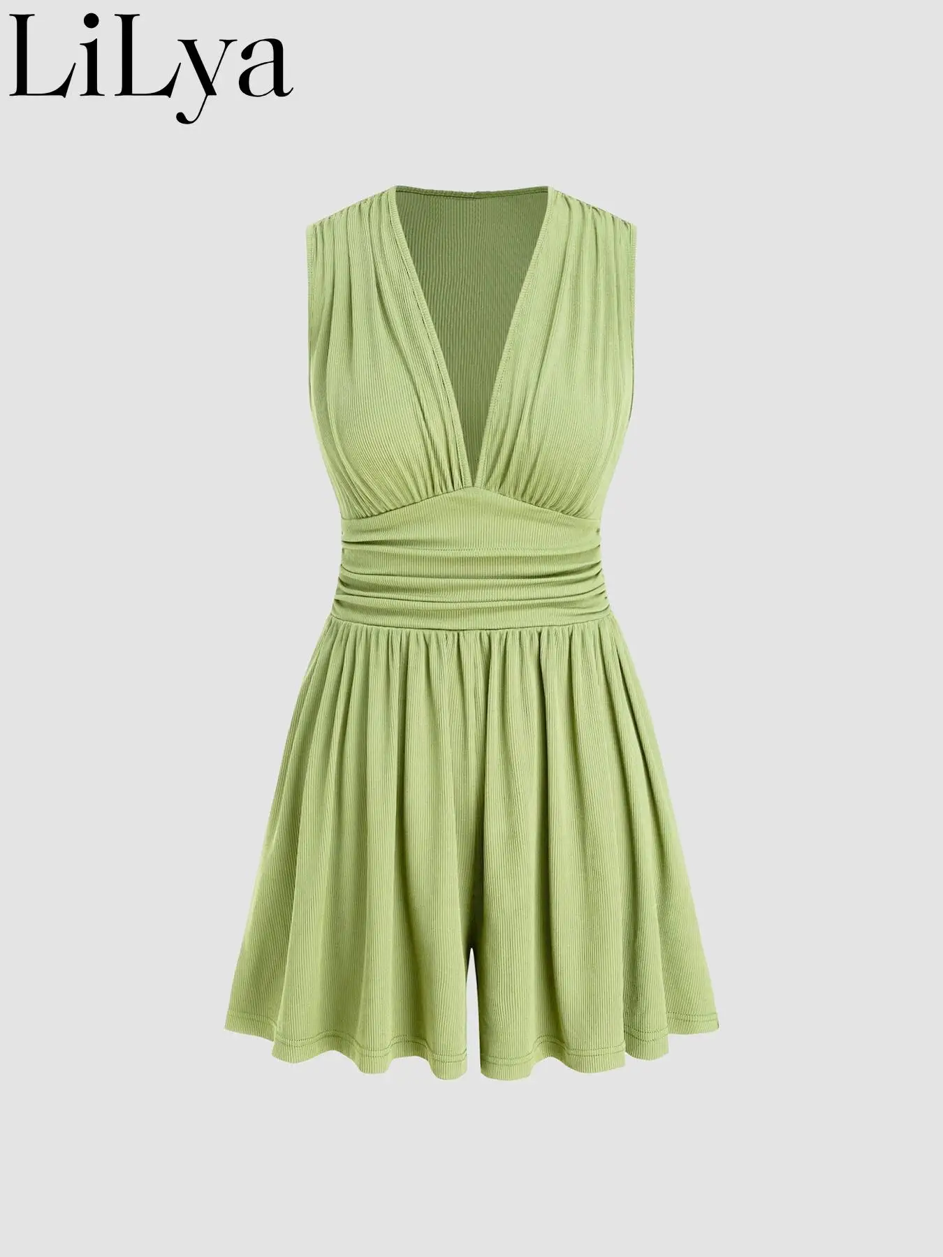 Fashion Casual Popular V Neck Waist Cinched Design Pleated Women Rompers Elegant Commuter Shorts Sleeveless daily Women Rompers thumbnail 6