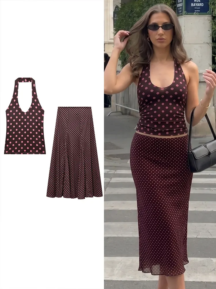 HH Elegant Polka Dot Halter Backless Top Midi Skirt Set For Womens Casual Office Workwear Business Weekend Vintage Party Outfit