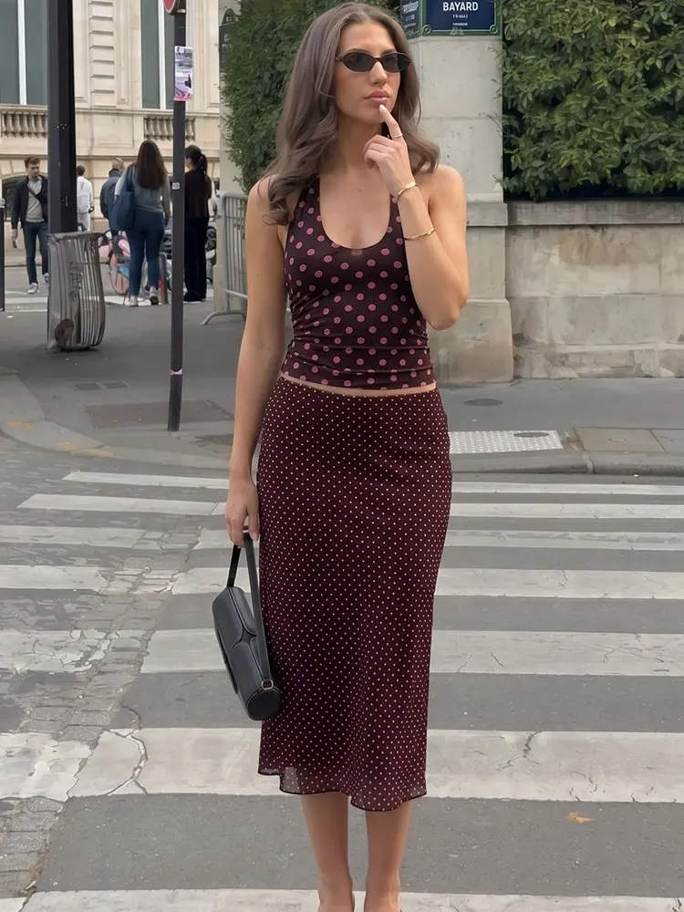 HH Elegant Polka Dot Halter Backless Top Midi Skirt Set For Womens Casual Office Workwear Business Weekend Vintage Party Outfit thumbnail 5