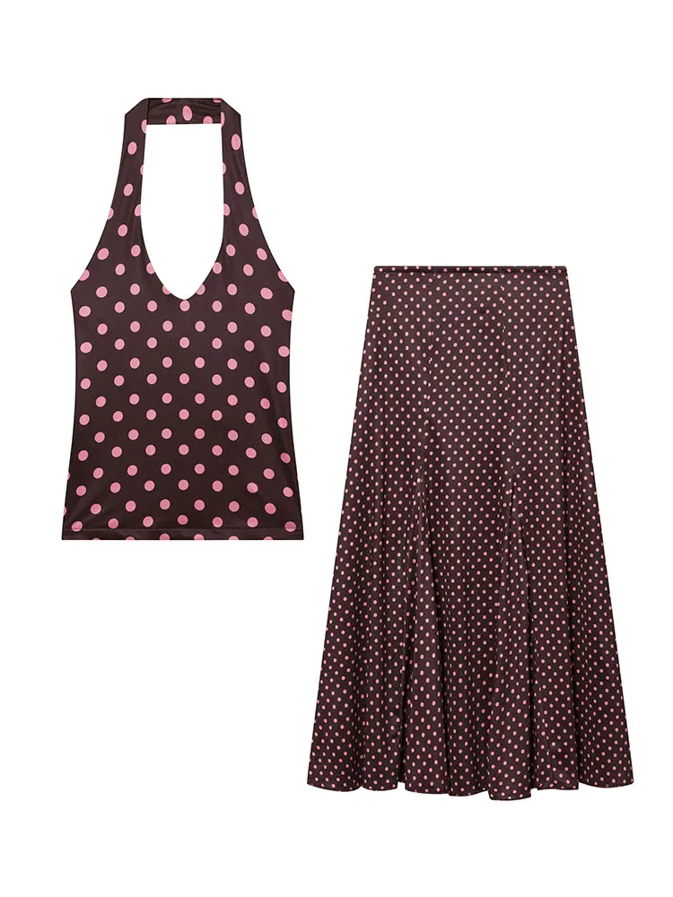 HH Elegant Polka Dot Halter Backless Top Midi Skirt Set For Womens Casual Office Workwear Business Weekend Vintage Party Outfit thumbnail 6