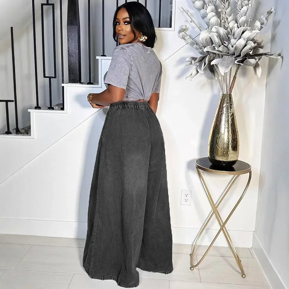 European Beautiful Women's Loose Jeans 2025 New Women's Clothing Street Casual Versatile Elastic Waist Wide-leg Pants thumbnail 4