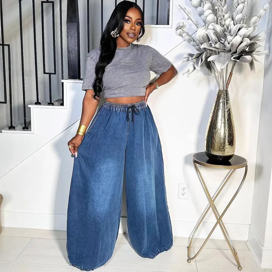 European Beautiful Women's Loose Jeans 2025 New Women's Clothing Street Casual Versatile Elastic Waist Wide-leg Pants thumbnail 2