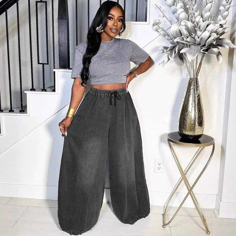 European Beautiful Women's Loose Jeans 2025 New Women's Clothing Street Casual Versatile Elastic Waist Wide-leg Pants thumbnail 3