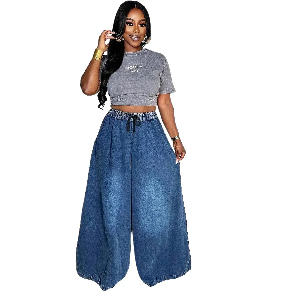 European Beautiful Women's Loose Jeans 2025 New Women's Clothing Street Casual Versatile Elastic Waist Wide-leg Pants thumbnail 5