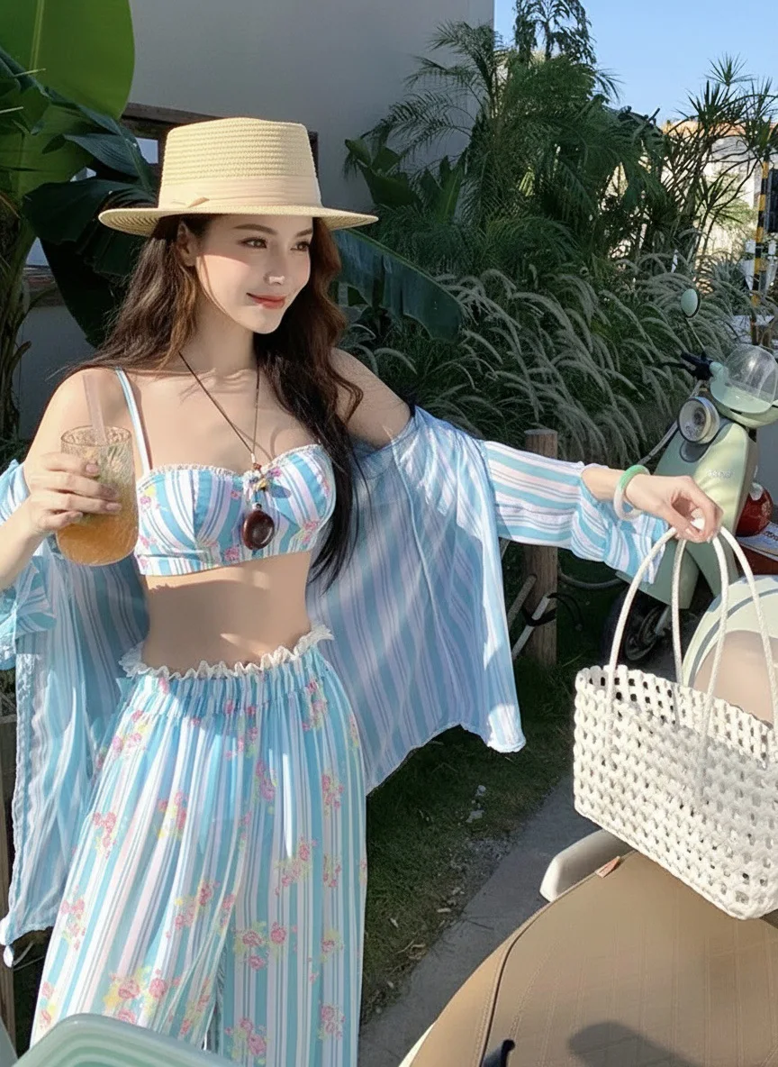 New Holiday Atmosphere Long-sleeved Shirt Trousers Bikini Sexy Split Suspender Swimsuit Women thumbnail 6