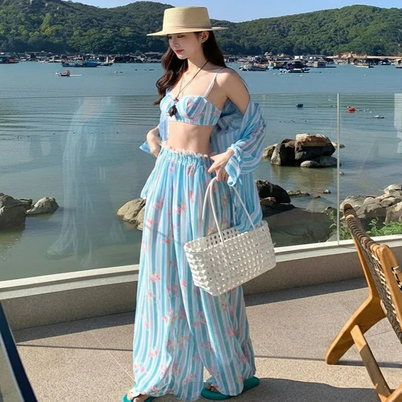 New Holiday Atmosphere Long-sleeved Shirt Trousers Bikini Sexy Split Suspender Swimsuit Women thumbnail 2