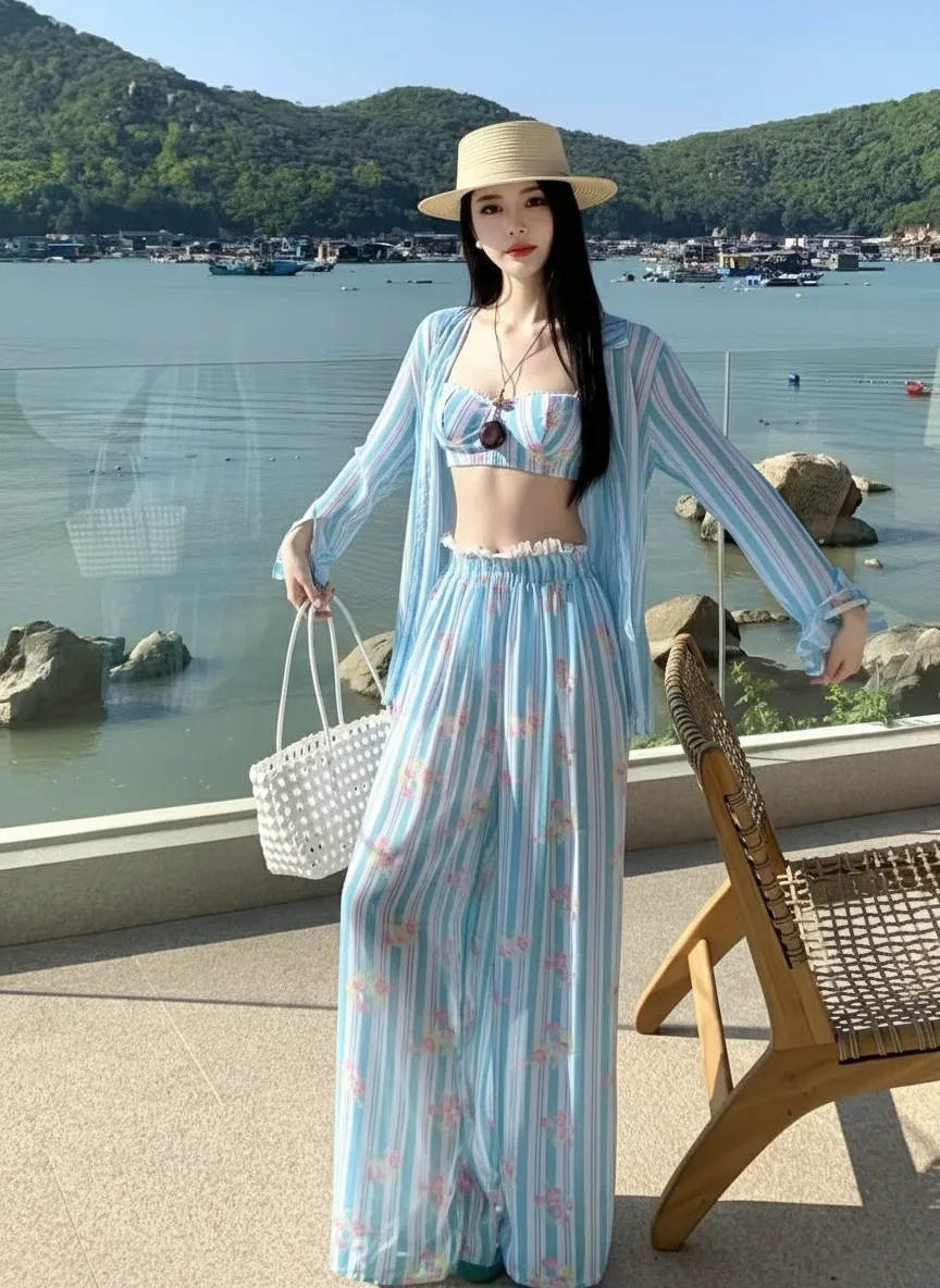 New Holiday Atmosphere Long-sleeved Shirt Trousers Bikini Sexy Split Suspender Swimsuit Women thumbnail 3