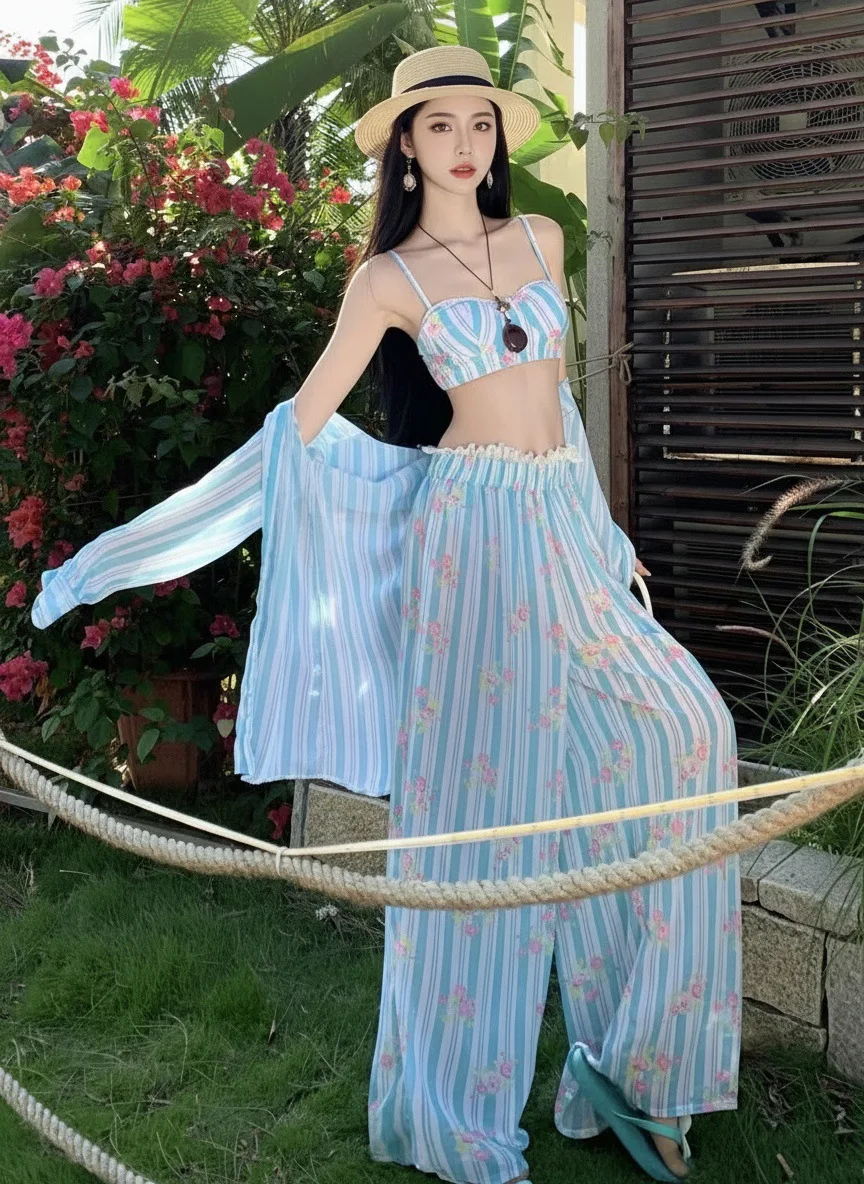 New Holiday Atmosphere Long-sleeved Shirt Trousers Bikini Sexy Split Suspender Swimsuit Women thumbnail 4