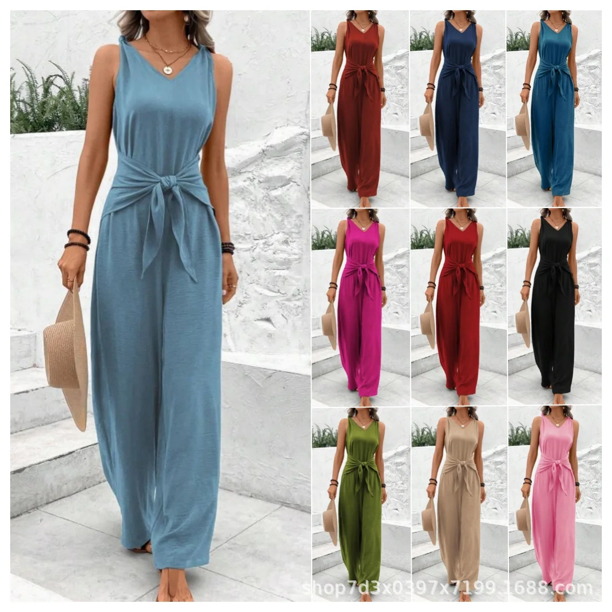 Fashion Solid Jumpsuit for Women Casual Sleeveless V Neck Lace-Up Wide Leg Pants Jumpsuits Lady Summer Holiday Womens Clothing
