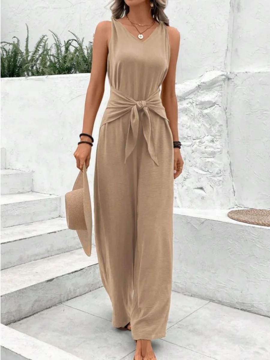 Fashion Solid Jumpsuit for Women Casual Sleeveless V Neck Lace-Up Wide Leg Pants Jumpsuits Lady Summer Holiday Womens Clothing thumbnail 3