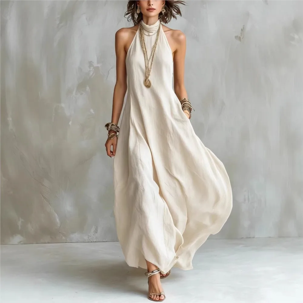 Solid Color Halterneck Dress Summer New Women's Sexy Sleeveless Off-shoulder Loose Long Dress With Pockets Платье Женское thumbnail 3