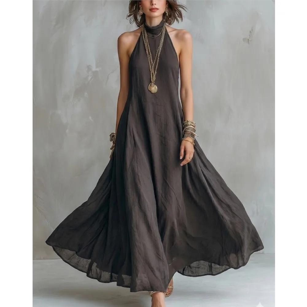 Solid Color Halterneck Dress Summer New Women's Sexy Sleeveless Off-shoulder Loose Long Dress With Pockets Платье Женское thumbnail 6