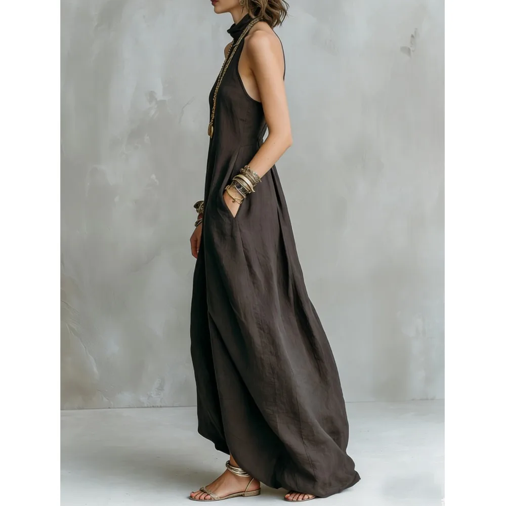 Solid Color Halterneck Dress Summer New Women's Sexy Sleeveless Off-shoulder Loose Long Dress With Pockets Платье Женское thumbnail 4