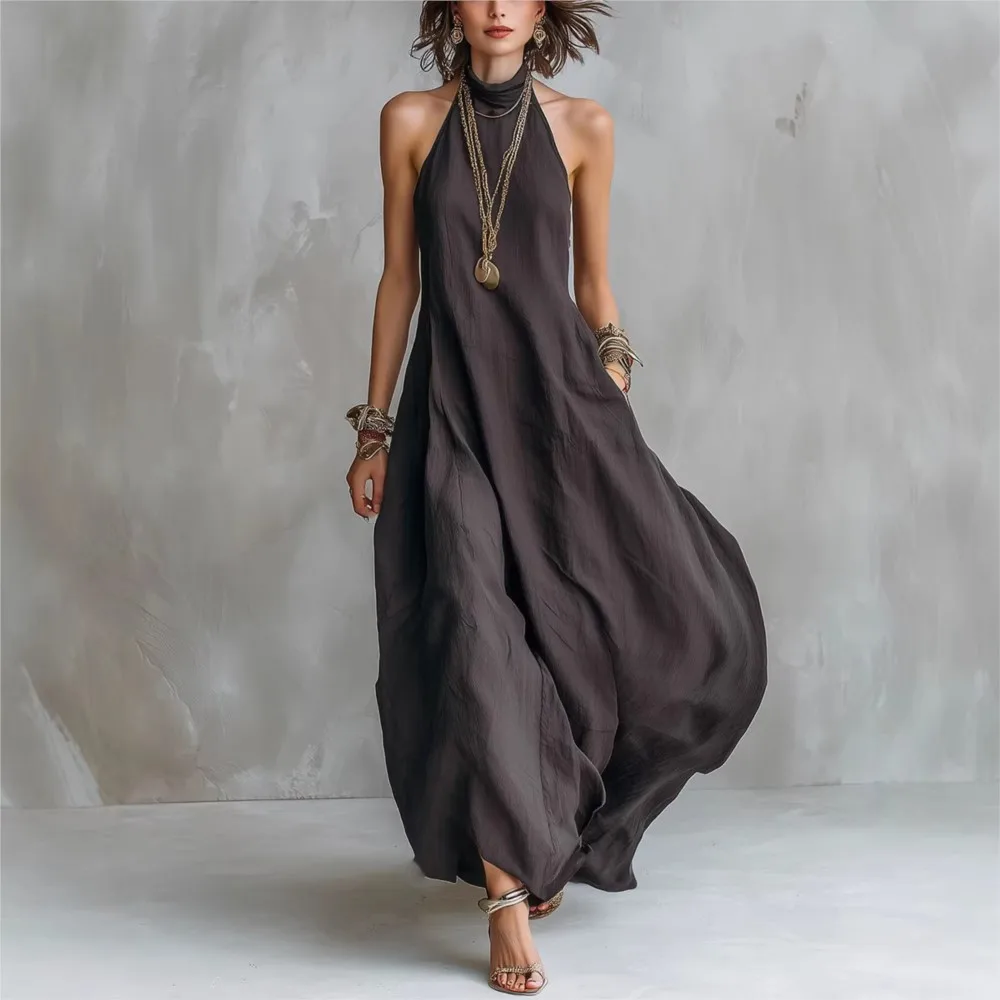 Solid Color Halterneck Dress Summer New Women's Sexy Sleeveless Off-shoulder Loose Long Dress With Pockets Платье Женское