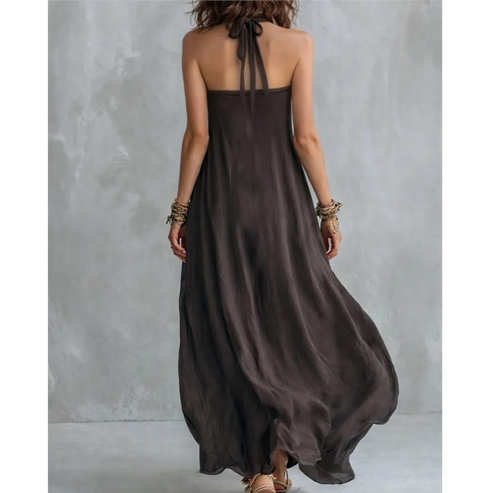Solid Color Halterneck Dress Summer New Women's Sexy Sleeveless Off-shoulder Loose Long Dress With Pockets Платье Женское thumbnail 5