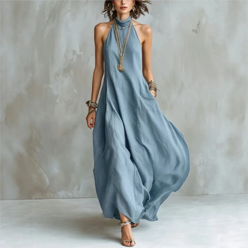 Solid Color Halterneck Dress Summer New Women's Sexy Sleeveless Off-shoulder Loose Long Dress With Pockets Платье Женское thumbnail 2