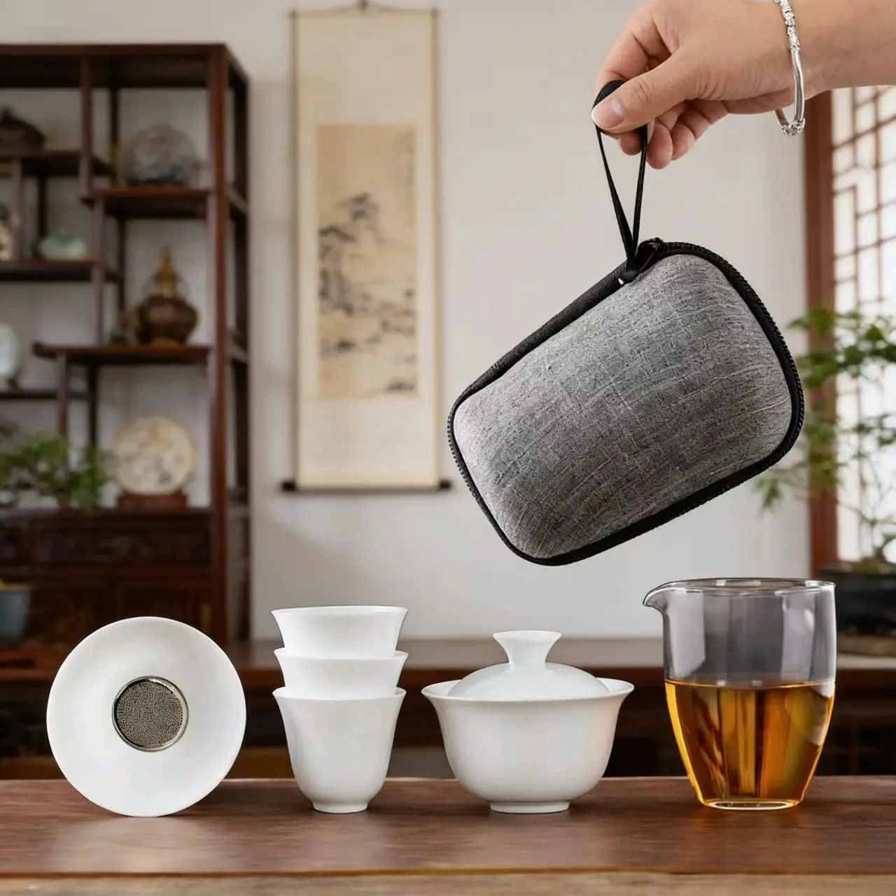 White Porcelain Sancai Gaiwan Travel Kung Fu Tea Set, Portable Quick Cup with Glass Teacup, Minimalist Tea Kit with Storage Bag