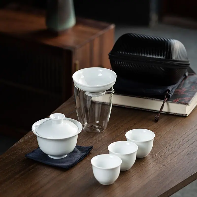 White Porcelain Sancai Gaiwan Travel Kung Fu Tea Set, Portable Quick Cup with Glass Teacup, Minimalist Tea Kit with Storage Bag thumbnail 6
