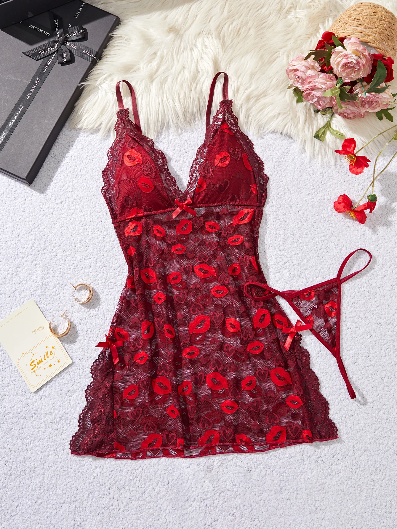 Irresistible Sexy Red Lingerie Dress See Through Mesh Sleepwear For Women Romantic Night Summer thumbnail 2
