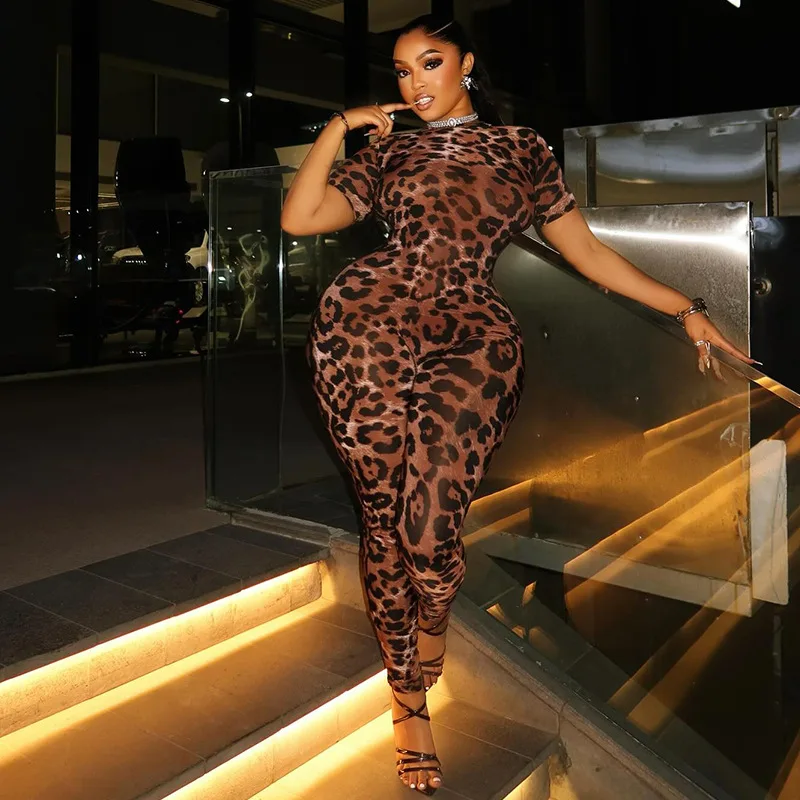 New 2026 Sexy Backless Leopard Jumpsuit Women Tights Stretchy Hollow Out Ankle-Length Pencil Pants Rompers Short Sleeve 65007