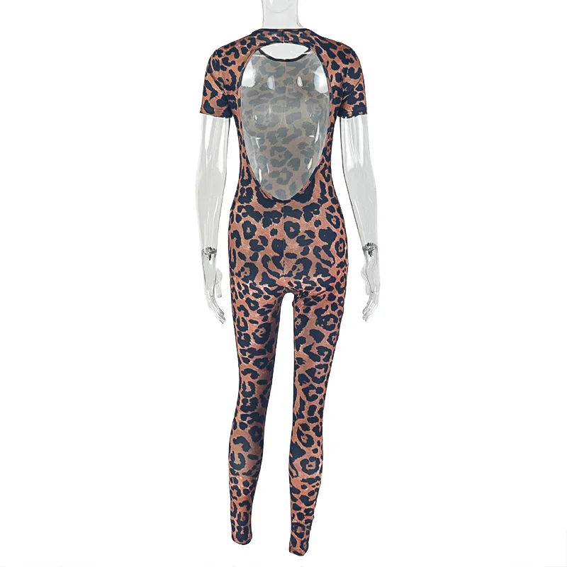 New 2026 Sexy Backless Leopard Jumpsuit Women Tights Stretchy Hollow Out Ankle-Length Pencil Pants Rompers Short Sleeve 65007 thumbnail 4