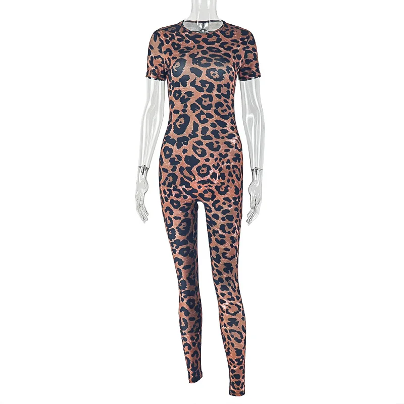 New 2026 Sexy Backless Leopard Jumpsuit Women Tights Stretchy Hollow Out Ankle-Length Pencil Pants Rompers Short Sleeve 65007 thumbnail 3