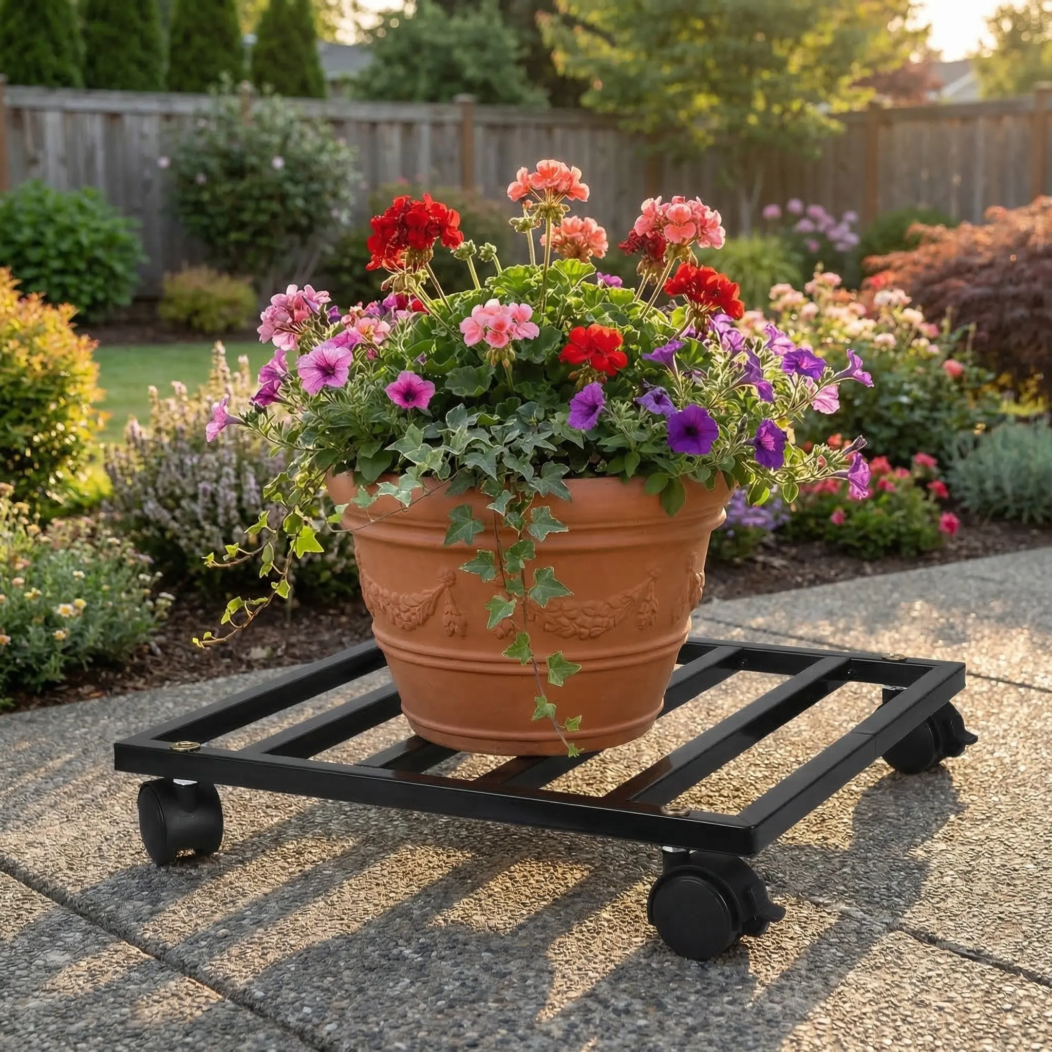 Metal Plant Pot Stand Square Flower Pot Holder with Wheels Cast Iron Garden Planter Stand Movable Base for Balcony Patio