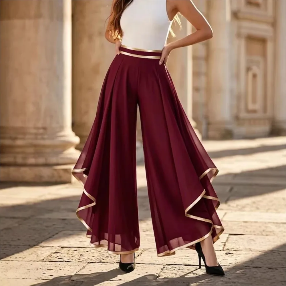 Fashionable Splicing Layered Chiffon Wide-leg Pants Summer Women's Solid Color High-waisted Casual Loose Trousers Ropa De Mujer thumbnail 2