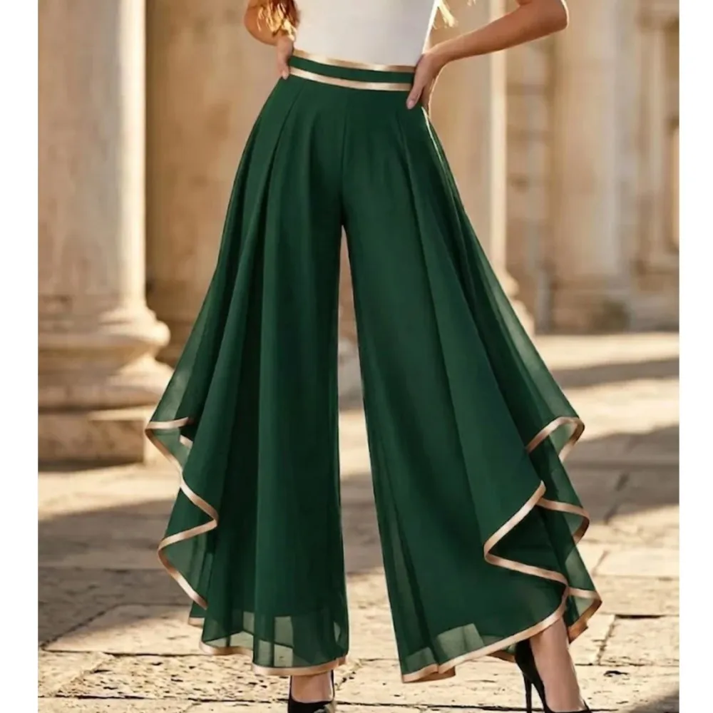 Fashionable Splicing Layered Chiffon Wide-leg Pants Summer Women's Solid Color High-waisted Casual Loose Trousers Ropa De Mujer thumbnail 5