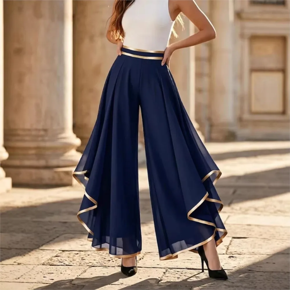Fashionable Splicing Layered Chiffon Wide-leg Pants Summer Women's Solid Color High-waisted Casual Loose Trousers Ropa De Mujer thumbnail 3