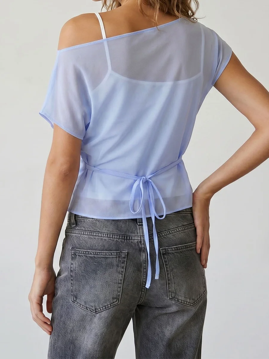Women Off Shoulder Tops Trendy Sheer Mesh Short Sleeve Shirts  Blouses Cover-ups Going out Daily Beach Streetwear thumbnail 3