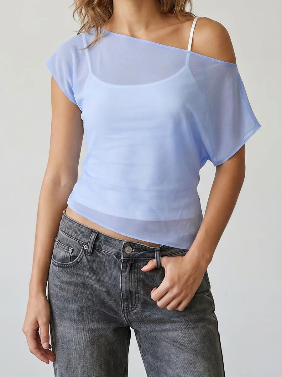Women Off Shoulder Tops Trendy Sheer Mesh Short Sleeve Shirts  Blouses Cover-ups Going out Daily Beach Streetwear thumbnail 2