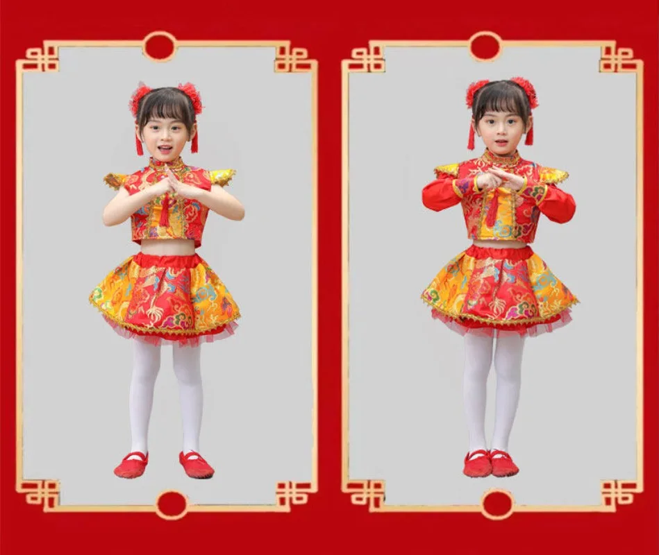 Children Chinese Folk Dance Costume Boys Girls Kung Fu Wushu Sets Traditional Drumming and Lion Dance Performance Tops Pants Set thumbnail 5