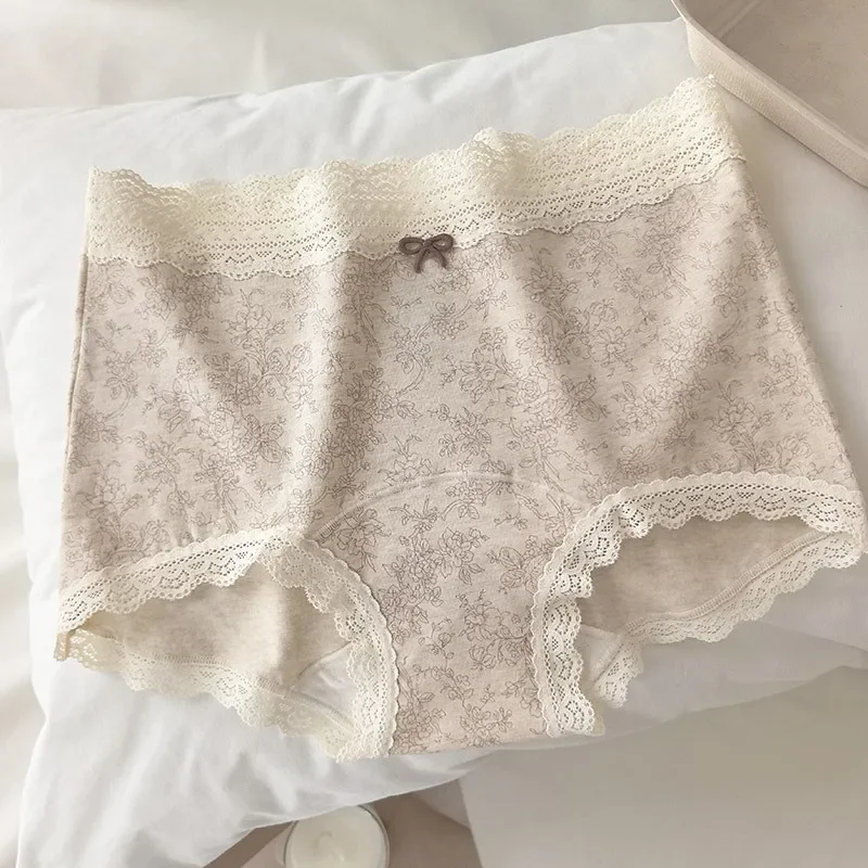 Women's Class A Pure Cotton Panties Floral Print Underpants Lace Mid-Rise 10A Antibacterial Full-Cotton Extended Crotch Briefs thumbnail 4