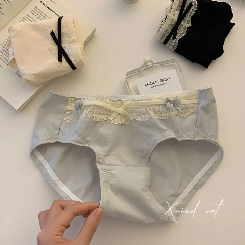 Four Seasons Sexy Cotton Panties for Women Mid-Rise Plus Size  Underpants Cotton Gusset Bow Lace Kawaii Triangle Panties thumbnail 2