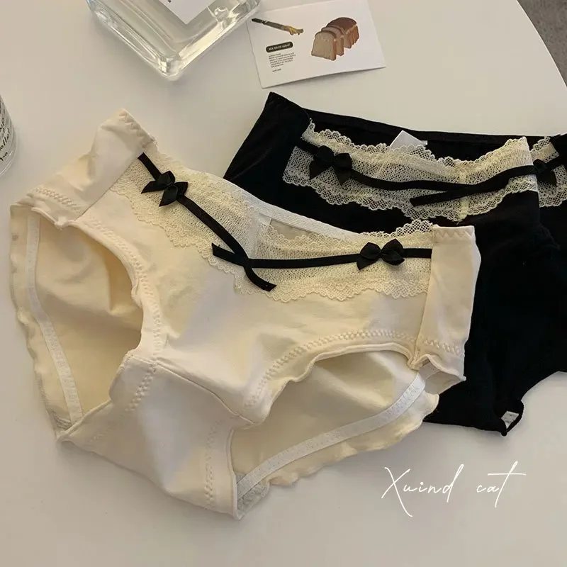 Four Seasons Sexy Cotton Panties for Women Mid-Rise Plus Size  Underpants Cotton Gusset Bow Lace Kawaii Triangle Panties thumbnail 5
