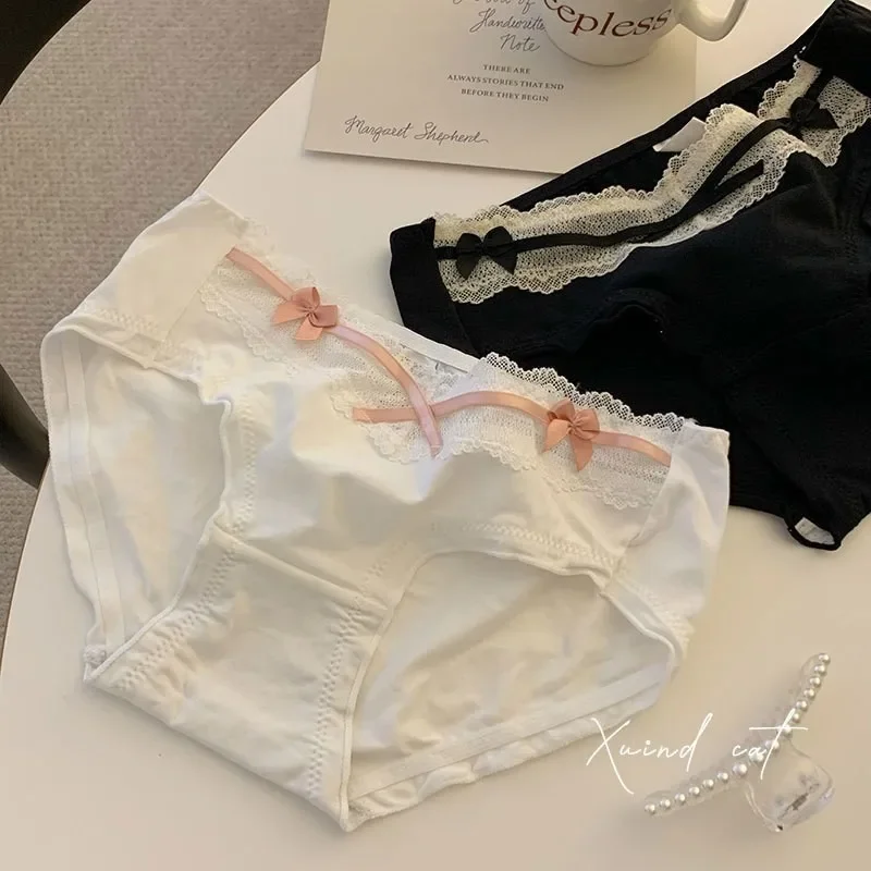 Four Seasons Sexy Cotton Panties for Women Mid-Rise Plus Size  Underpants Cotton Gusset Bow Lace Kawaii Triangle Panties thumbnail 3