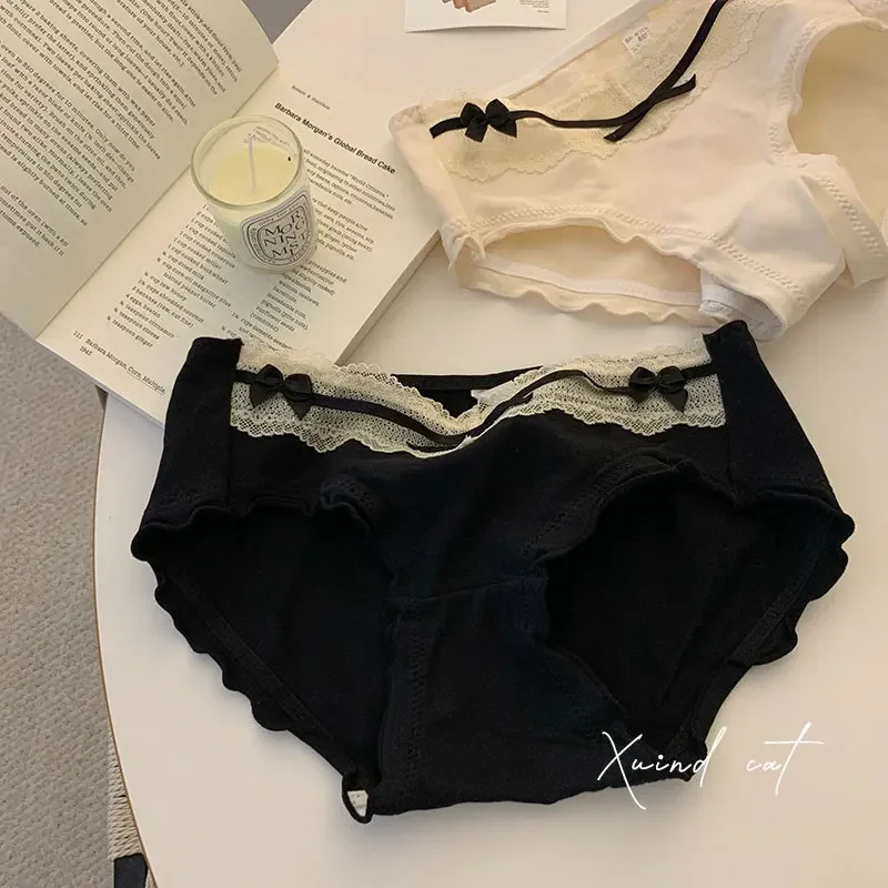 Four Seasons Sexy Cotton Panties for Women Mid-Rise Plus Size  Underpants Cotton Gusset Bow Lace Kawaii Triangle Panties thumbnail 4