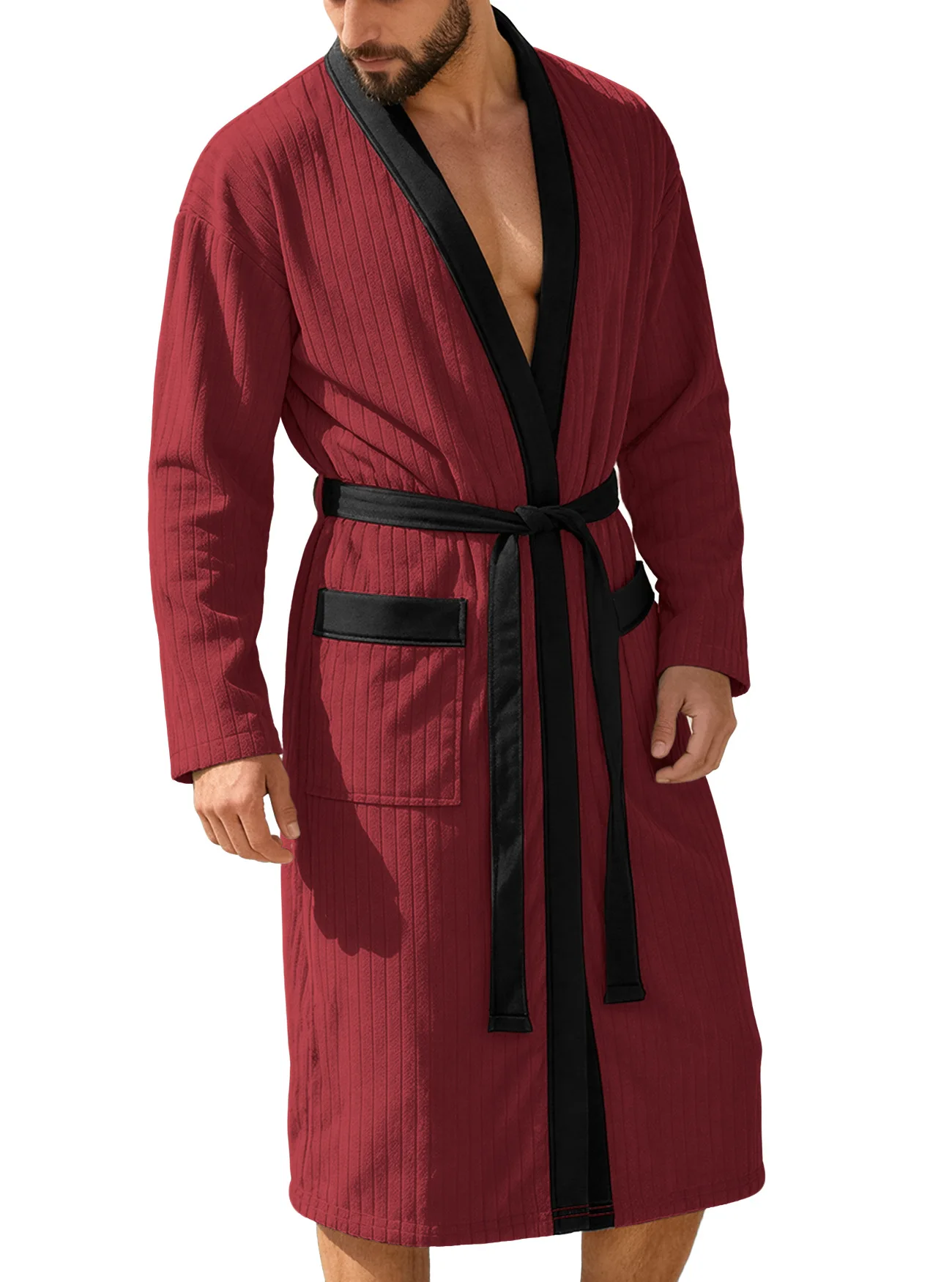 Men's Long Bathrobe with Belt - Soft Jacquard Weave, Solid Color, Shawl Collar, Pockets, Comfortable Lounge & Sleepwear