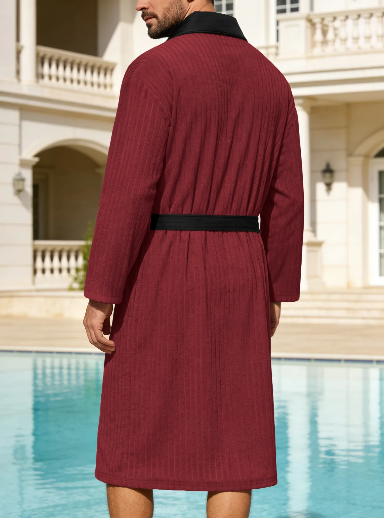 Men's Long Bathrobe with Belt - Soft Jacquard Weave, Solid Color, Shawl Collar, Pockets, Comfortable Lounge & Sleepwear thumbnail 2