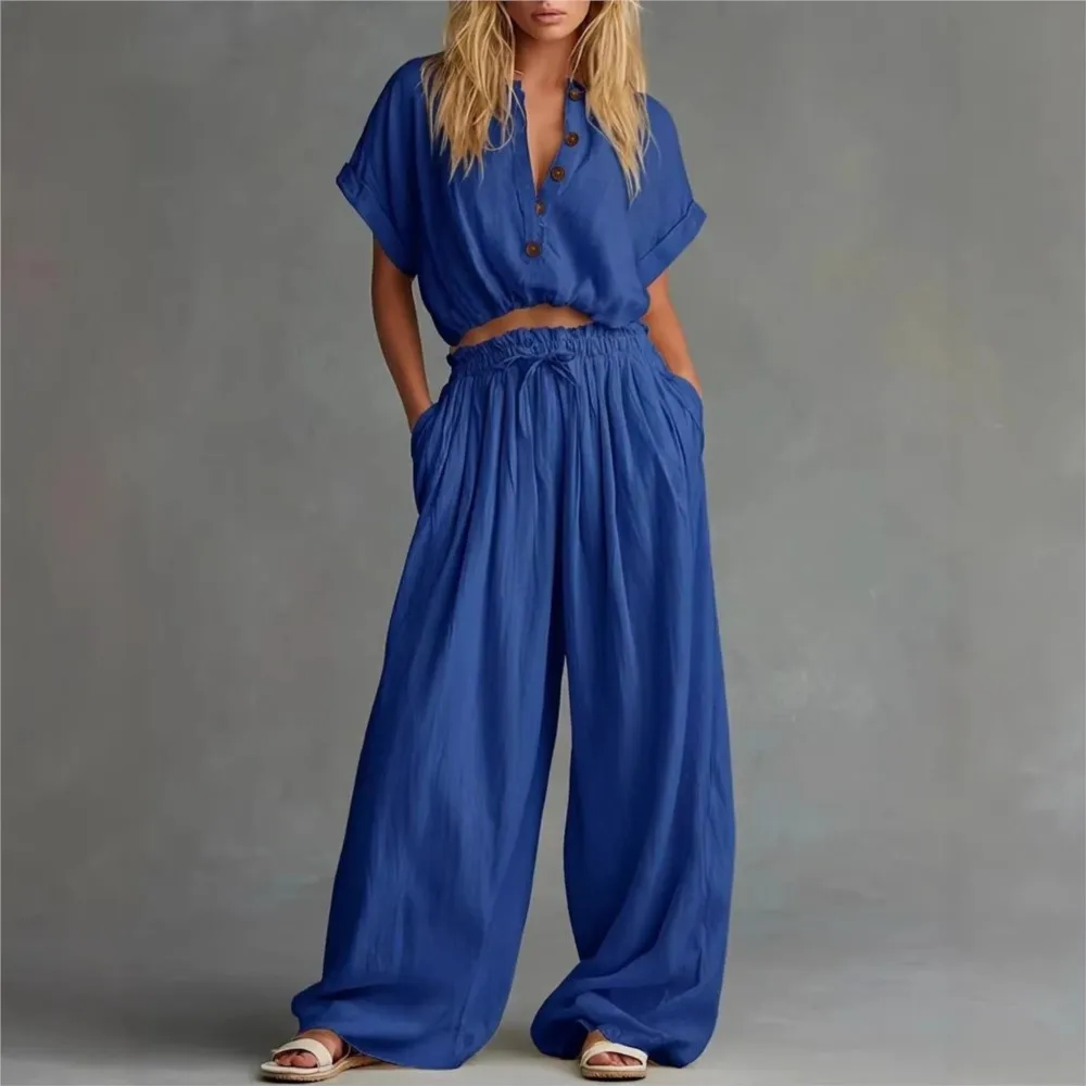 Single-breasted Short-sleeved Top Trousers Two-piece Suit Women's Fashion Lace-up Waist Casual Solid Color Wide-leg Pants Suit thumbnail 5
