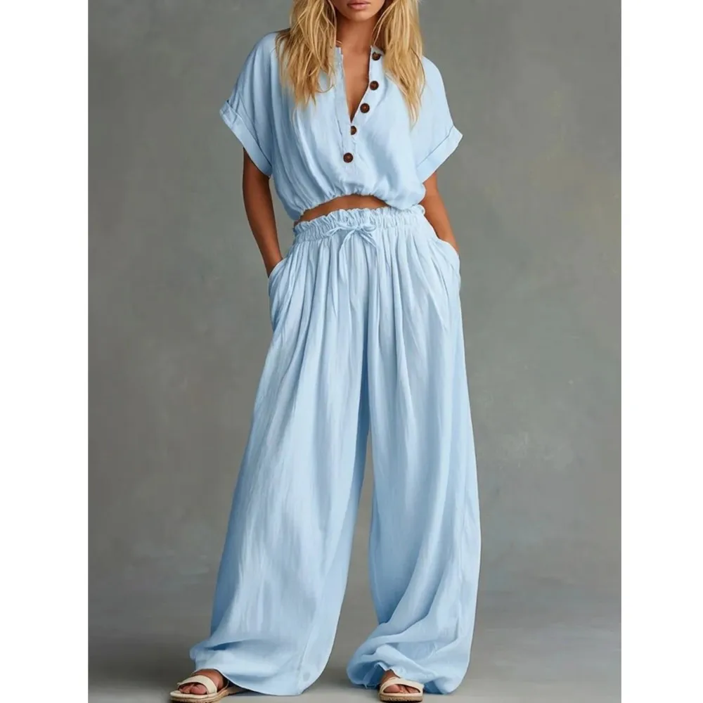 Single-breasted Short-sleeved Top Trousers Two-piece Suit Women's Fashion Lace-up Waist Casual Solid Color Wide-leg Pants Suit thumbnail 4